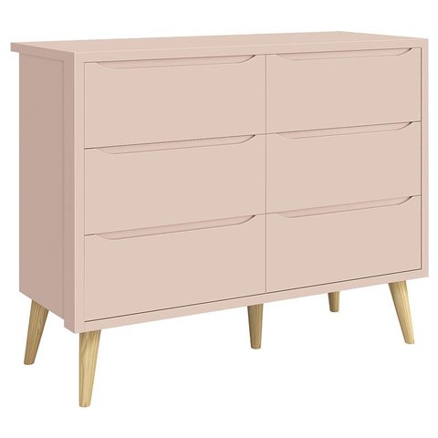 Cômoda Infantil 6 Gavetas Retrô Theo Rosa Acetinado com Pés Natural – Reller