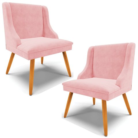 Kit 2 Cadeiras Decorativas Sala de Jantar Pés Palito de Madeira Firenze Suede Rosa Bebê/Natural G19 