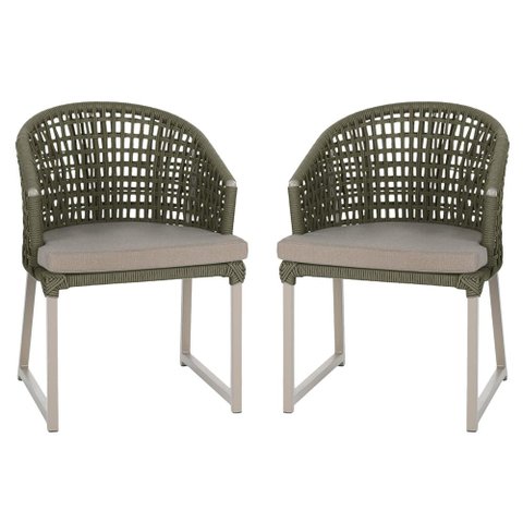 2 Cadeira Noronha Aluminio Micro Pintura Champanhe, Tr. Telinha Corda Nautica Verde Militar,