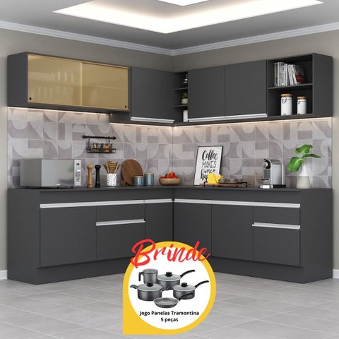 Cozinha Completa Canto Veneza Mp2096 Multimóveis Preto/branco + Brinde Jogo de Panelas Tramontina