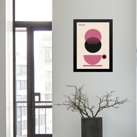 Quadro Bauhaus Xícara de Café - Rosa 24x18cm - com Vidro:moldura Preta
