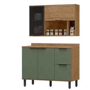 Balcão de Pia 1,20 com Tampo + Armário Aéreo em Mdf Lombardia - Freijó Jade