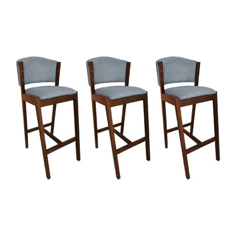 Kit 3 Banquetas Alta de Madeira Maciça Mel Premium Ana com Encosto Linho Cinza