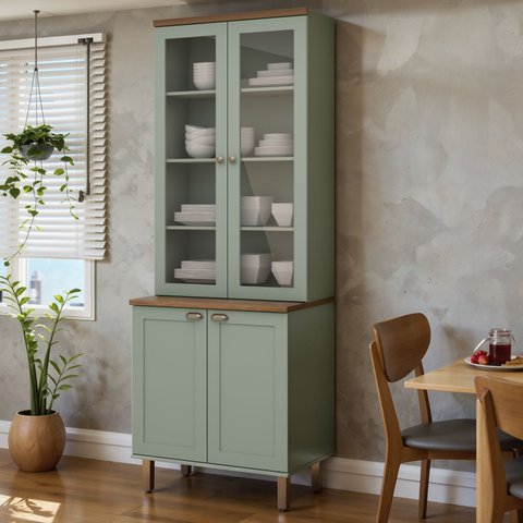 Cristaleira 80cm 2 Portas Vidro Balcão Mdf Cozinha Modulada Cor:mint com Ébano