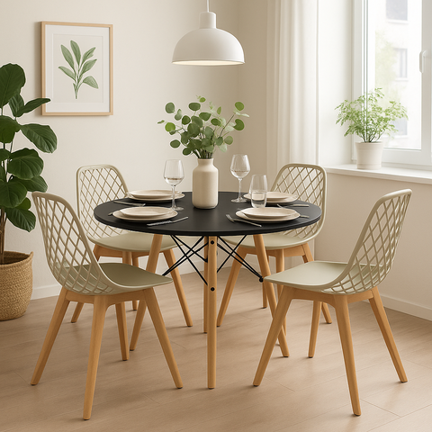 Kit Mesa Redonda Eames 90cm Preta + 4 Cadeiras Kayla Wood Fendi
