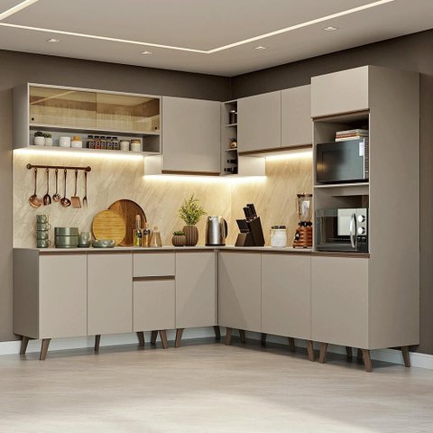 Armário de Cozinha Completa de Canto 445cm Crema Nice Madesa 01