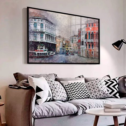 Quadro Decorativo Caixa Aquarela City  Tacolado Moldura Caixa 3cm Freijó sem Vidro 30 X 40cm