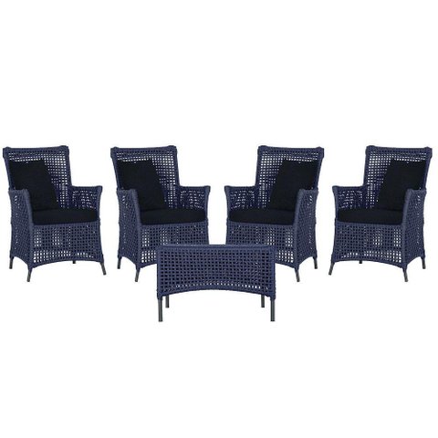 4 Poltronas e 1 Mesa Igapó Alumínio Preta Corda Náutica E12 Azul