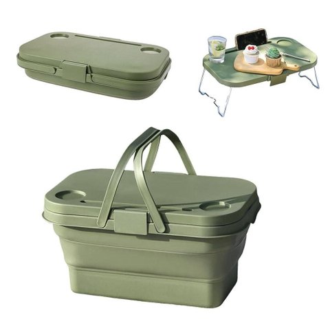 Cesta Piquenique Tampa Vira Mesa Caixa Silicone Dobrável Camping Praia Pesca Cooler Bebidas Frutas