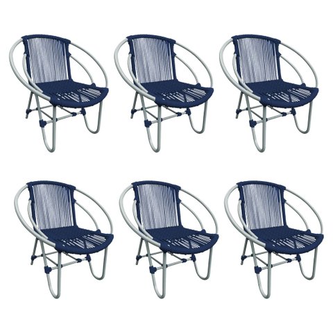 Kit 6 Cadeiras Decorativa Julia em Corda Náutica e Base em Alumínio Cinza/ Azul Marinho