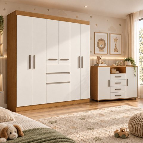 Quarto Infantil Completo com Guarda-Roupa e Cômoda com Corrediça Telescópica Cinamomo/Off White