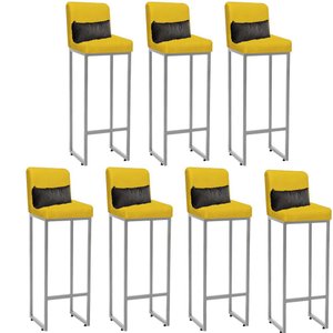 Kit 07 Banqueta Alta com Encosto Lucca Industrial Cozinha Balcão Ferro Prata Corino Amarelo e Almofa