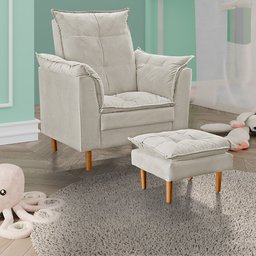 Poltrona de Amamentção Com Puff Nicoly Pé Palito Suede Bege - Ninho Decor - 1