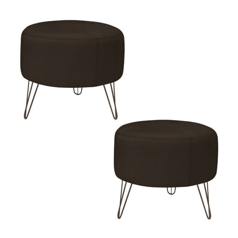 Kit 2 Puffs Decorativos Redondo Pés Metal Couro Natural Marrom - Scala Decor