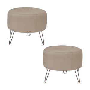 Kit 2 Puffs Decorativos Redondo Pés Metal Couro Natural Bege - Scala Decor