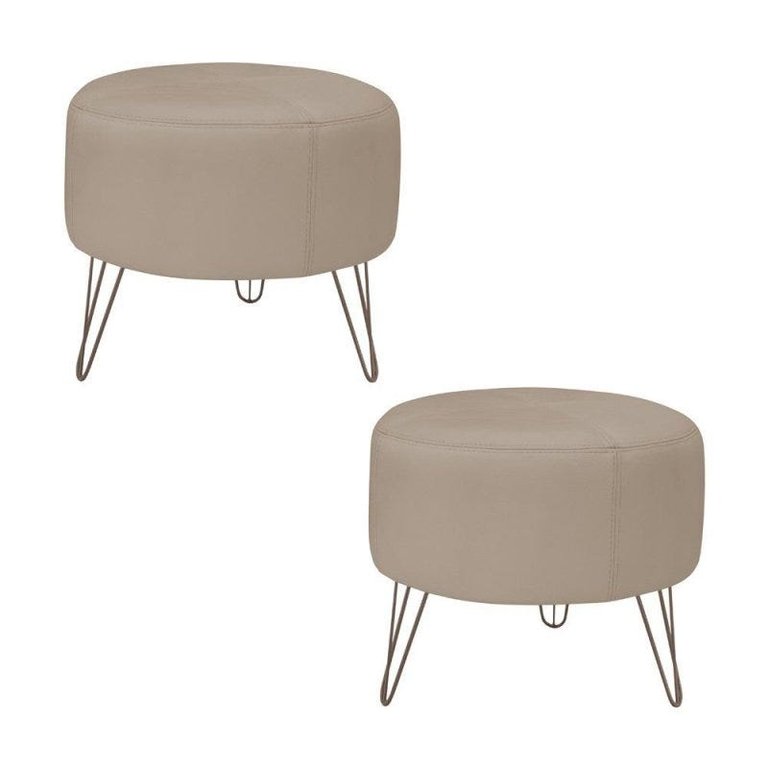 Kit 2 Puffs Decorativos Redondo Pés Metal Couro Natural Bege - Scala Decor