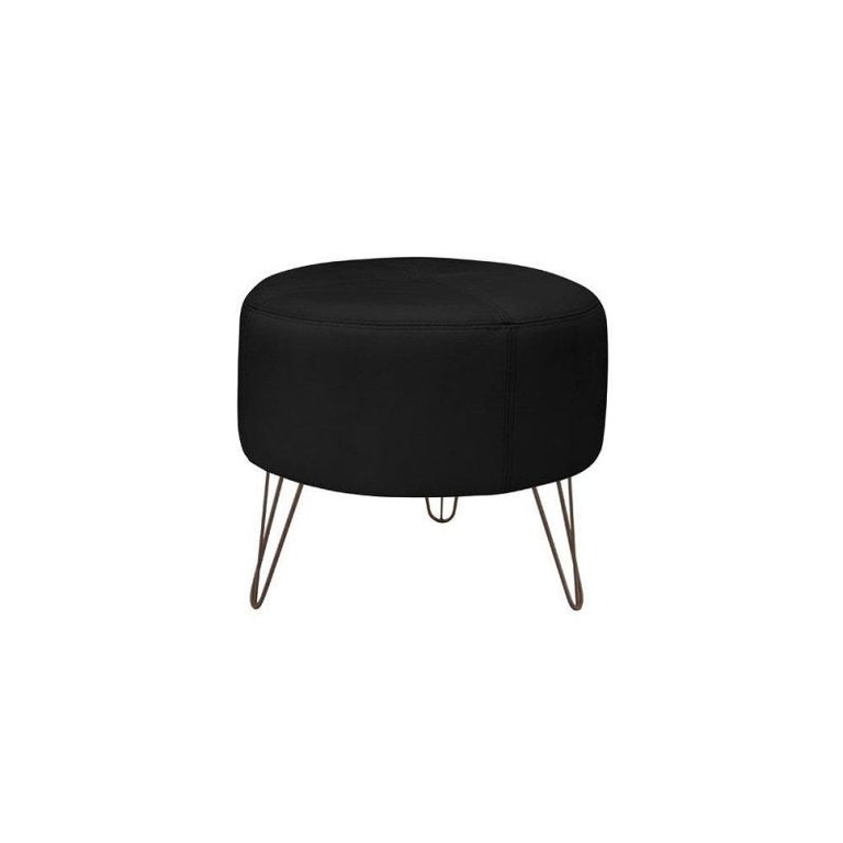 Puff Decorativo Redondo Pés Metal Couro Natural Preto - Scala Decor
