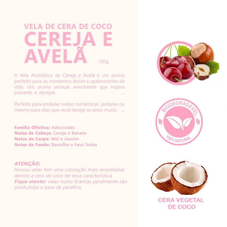 Vela Aromática Copo de Vidro Cereja e Avelã 180g Cera de Coco - 8