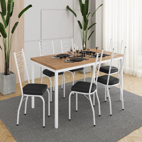 Conjunto Sala de Jantar Mesa Retangular Tampo BP com 6 Cadeiras Adriana Branco/Preto