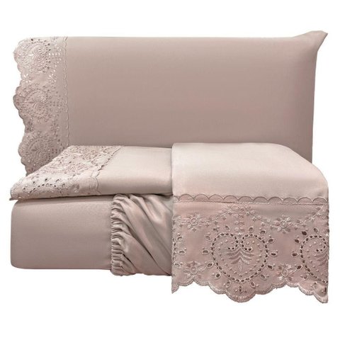 Jogo Cama Lençol Casa Scarpa Detail King Bordado Guipir Bordado Inglês Percal 300 Fios 4 Peças -