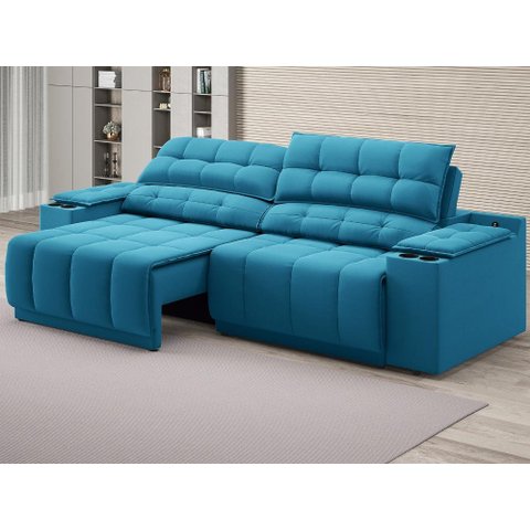 Sofá com Porta Copos Carregador Usb Ret Rec Samurai 2,30m Velosuede Royal - Netsofas