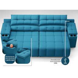 Sofá com Porta Copos Carregador USB Ret Rec Samurai 2,30m Velosuede Royal - NETSOFAS - 2
