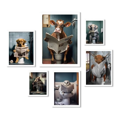Composição 6 Quadros Animais no Banheiro Lendo Jornal - com Vidro:madeira Preta