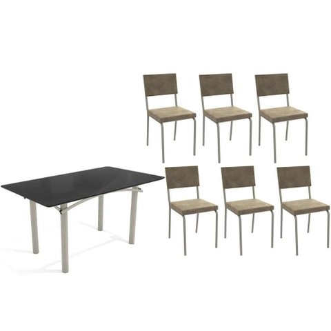 Conjunto: Mesa de Cozinha Elba Tampo Madeirado C/ Vidro 160cm e 6 Cadeiras Zaria Niquel/preto -