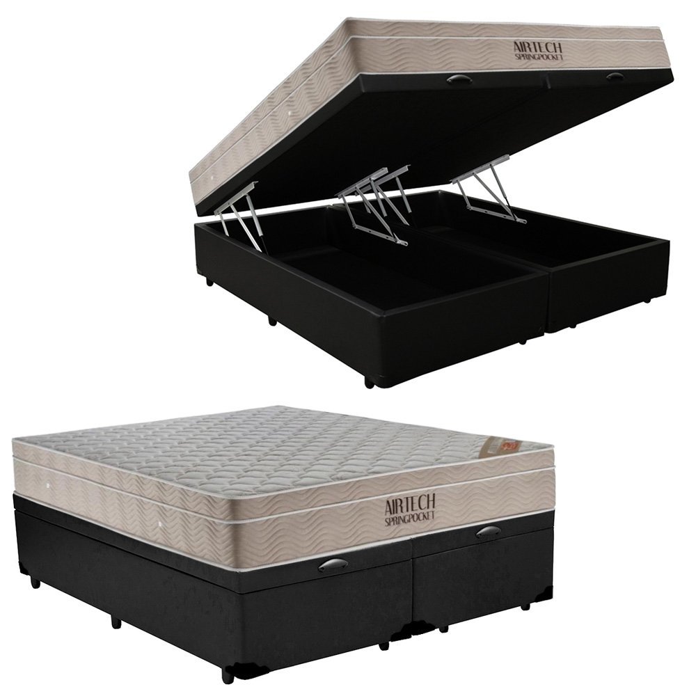 Cama Box Baú King Sintético Bipartido + Colchão Ortobom Airtech Molas Ensacadas 193x203x65 Preto