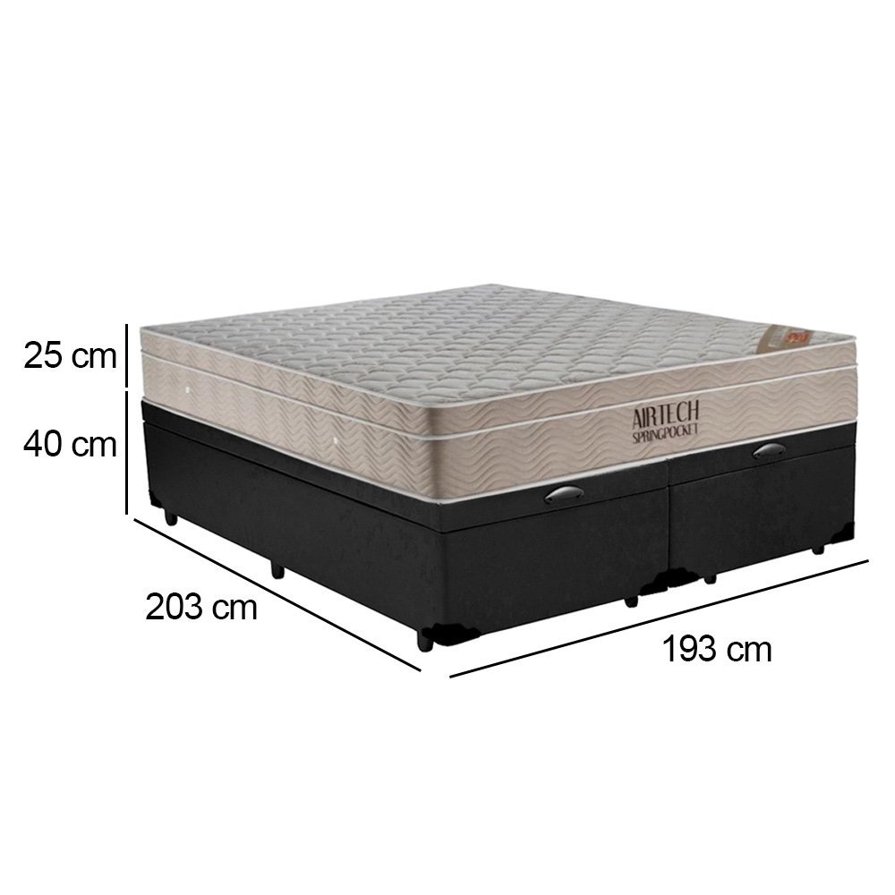 Cama Box Baú King Sintético Bipartido + Colchão Ortobom Airtech Molas Ensacadas 193x203x65 Preto - 3