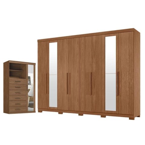 Guarda Roupa Casal Master New 8 Portas de Bater 4 Gavetas MDP Cômoda Marabá com Espelho Jatobá