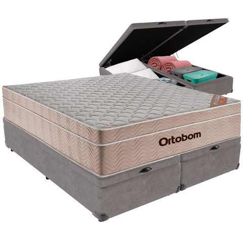 Cama Box Baú Cinza e Colchão Airtech Springpocket Molas Ensacadas Queen Ortobom