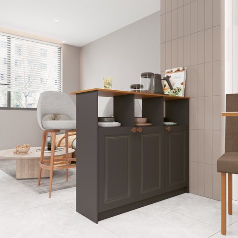 Mesa Bancada Balcão Ilha para Cozinha com 3 Portas e Nichos Divisor de Ambiente Veneza Preto/Chumbo