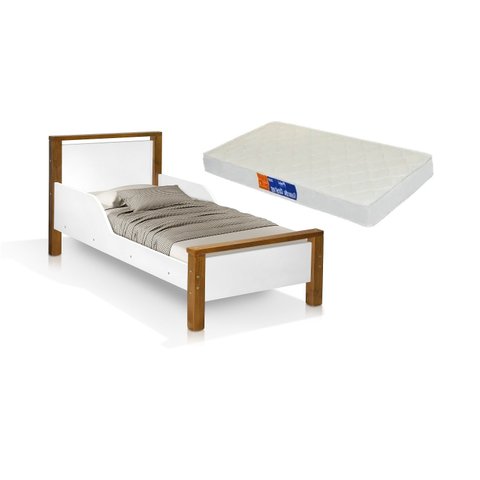 Cama Infantil Branco Marrom com Colchão com Proteção Reforçada com Colchão