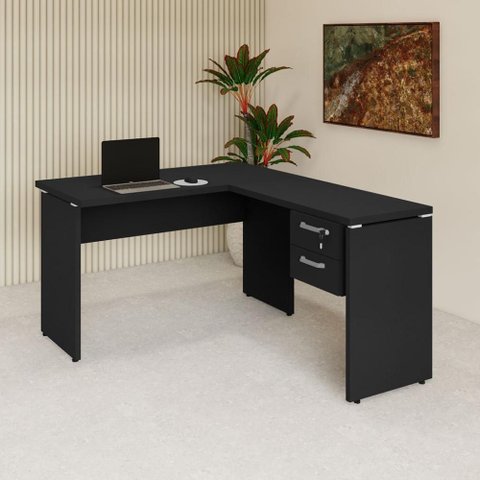 Mesa de Escritório em L 30mm com Gaveteiro Suspenso e Chave F5 Office Cor:Preto