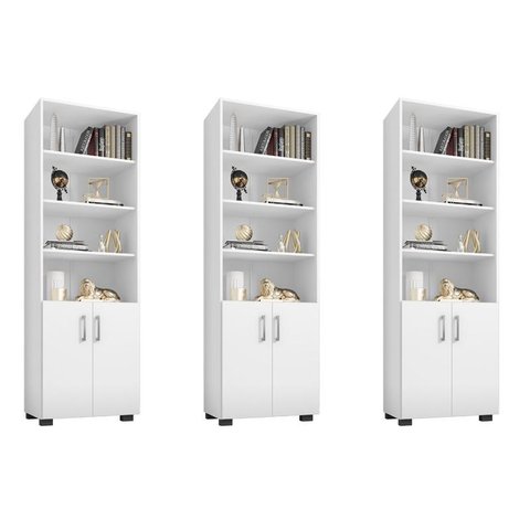 Kit Escritório com 3 Livreiros Portas Pequenas Office Branco - Fdecor