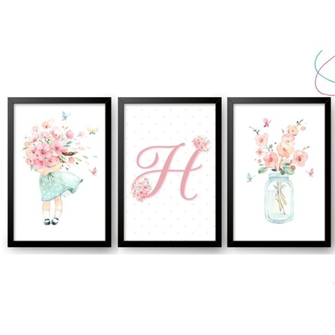 Kit com 3 Quadros Decorativos Menina em Aquarela Flores: Preta