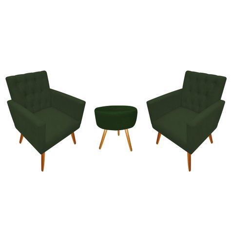 Kit 2 Poltronas Decorativa Nina Capitonê + Puff Redondo Suede Verde Pés Madeira Mz Decor