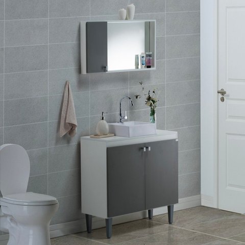 Gabinete e Espelheira 80cm para Sobrepor Branco/Cinza