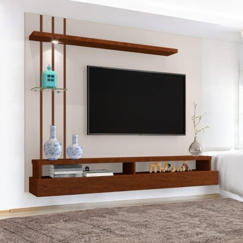 Painel Eros para Tvs até 55 Polegadas 160cm em MDF MDP com Prateleira de Vidro LED Bege Off White