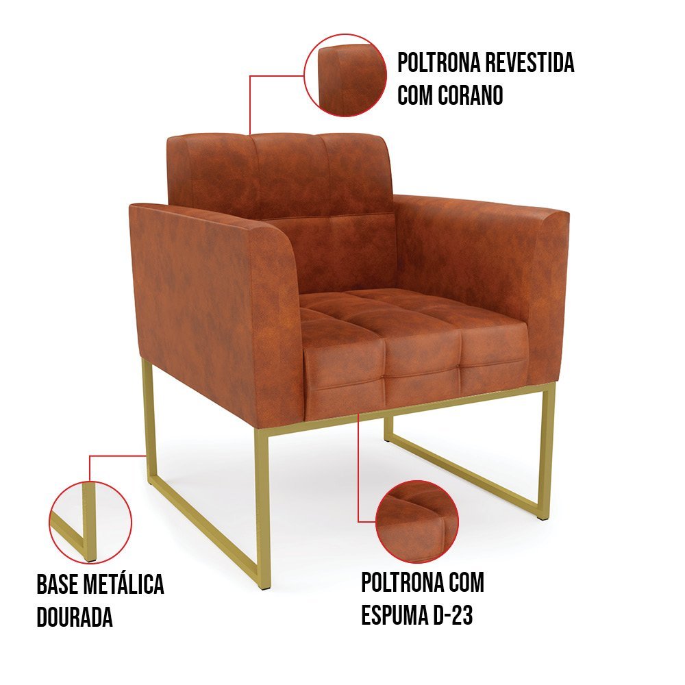 Kit 2 Poltronas Elisa Corano Nozes Base Metálica Industrial Dourado - D'Rossi - 7