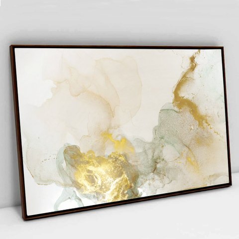 Quadro Decorativo em Canvas Abstrato Mármore Branco Gold TaColado Moldura Flutuante 4,5cm Madeira 90