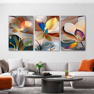 Kit com 3 Quadros Decorativos 70x50 Cm Floral Moderno, Tela Canvas, na Posição Vertical