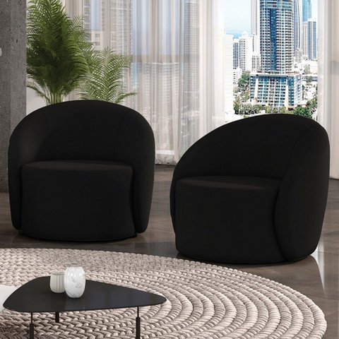 Poltrona Sala Decorativa Redonda Kit 2 Steve Suede Preto I01 - Mpozenato