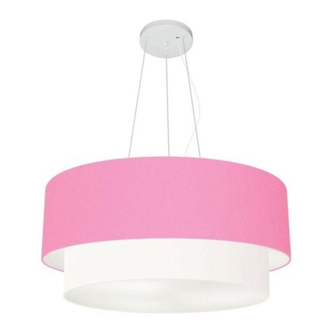 Lustre Pendente Duplo Cilíndrico Vivare Md-4082 Cúpula Tecido 60x50cm - Bivolt Rosa-bebê-branco