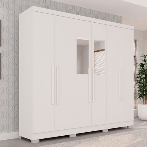 Guarda-roupa Casal Pinheiro 6 Portas 2 Gavetas com Espelho Branco - Pnr Móveis