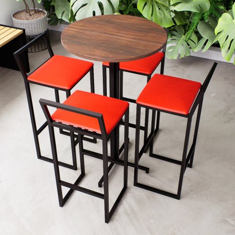 Conjunto Mesa Alta Bar Bistrô Redonda Imbuia 4 Banquetas Estofado Industrial Don Castro Dec