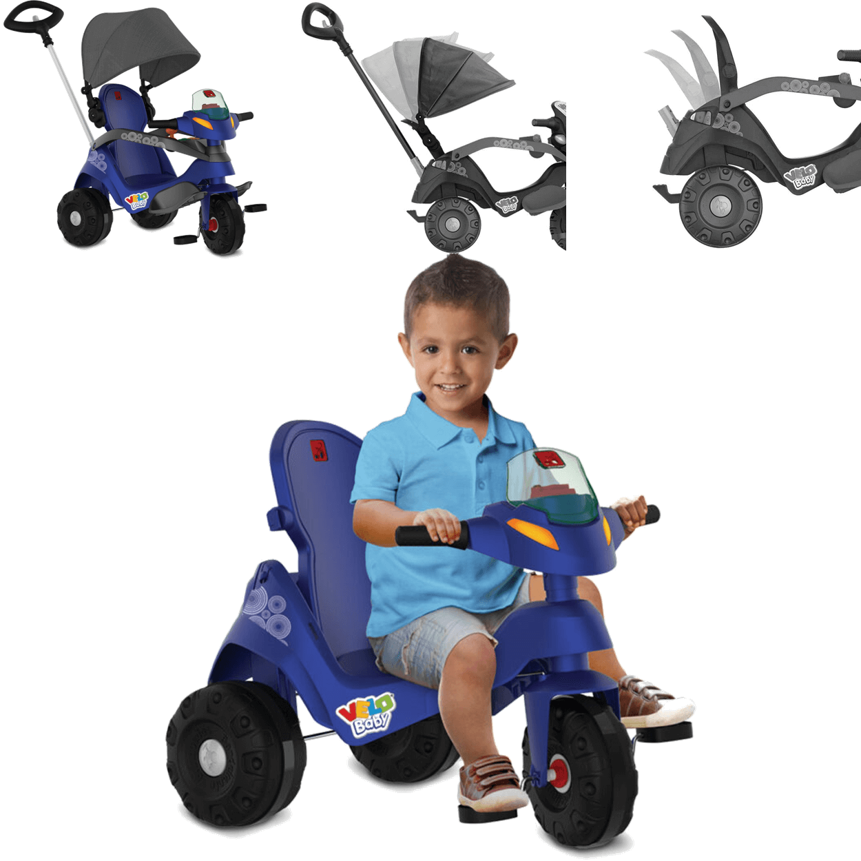 Triciclo Bandeirante Passeio e Pedal Velobaby com Capota Azul - 3