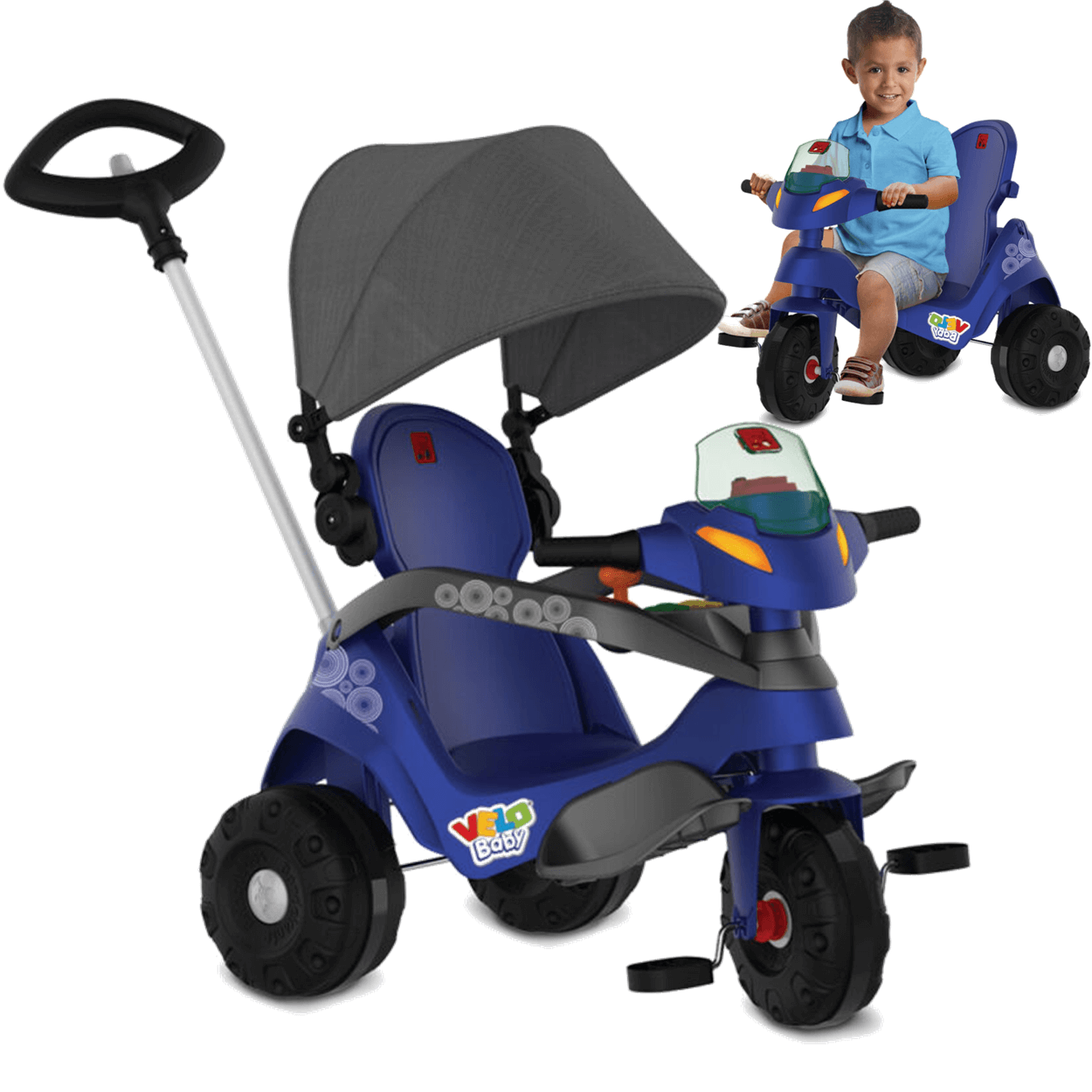 Triciclo Bandeirante Passeio e Pedal Velobaby com Capota Azul - 1