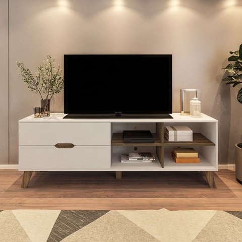 Rack Bancada Tv 75 Pol Mdf 2 Gavetas Cedro Off White Arly
